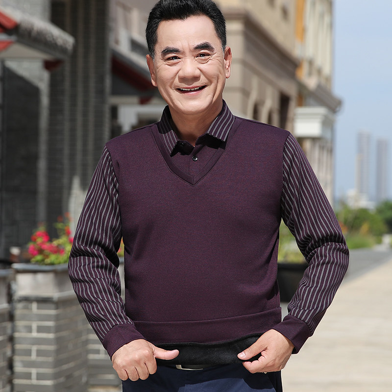 【加绒加厚】爸爸冬季毛衣条纹背心款假两件保暖针织衫中老年男装