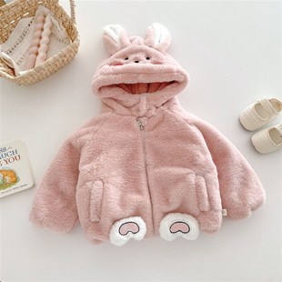 女童毛毛加绒外套2024冬季大衣女宝可爱洋气连帽上衣小童加厚冬装
