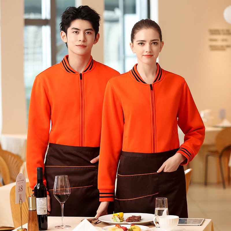 春秋餐饮服务员工作服定制长袖餐厅饭店工装上衣工服加绒卫衣外套