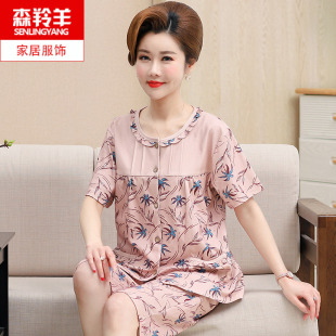 中年家居服套装 妈妈睡衣女夏季 夏天薄款 纯棉开衫 婆婆 中老年人短袖