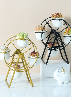 北欧铁艺白色陶瓷多肉植物创意个性花盆简约摩天轮铁架套装组合
