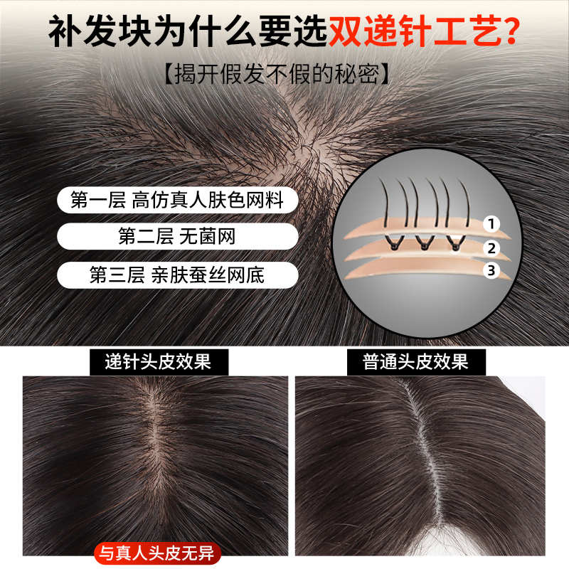 双递针假发片真发全真人发遮白发胎毛浏海蓬松增发量头顶补发片女