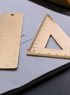 加厚复古黄铜刻度尺金属绘图工具量角器18cm直尺三角板文具套装