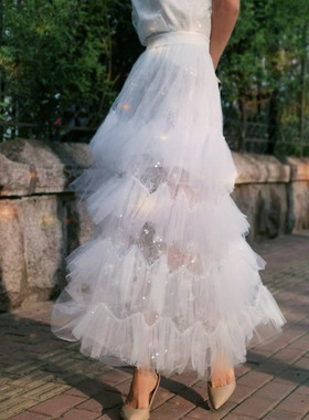 很仙的法国小众半身裙星星亮片网纱长裙长款蛋糕裙仙女2019夏季新