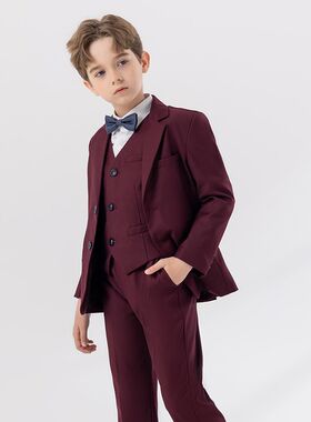 男童西装套装2025新款儿童中大童红色主持人礼服钢琴演出男孩西服