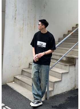 Batterup春秋宽松重磅水洗做旧磨边复古猫须休闲阔腿牛仔裤男直筒