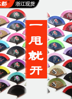 扇子古风女旗袍秀跳书简舞演出红色折叠布扇中国风夏季日式竹折扇