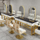 理发店镜台柜子一体发廊单面美发镜子LED灯网红大理石双面烫染桌