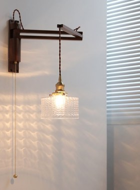 烁阳北欧伸缩折叠壁灯日式黑胡桃木客房床头书房自带开关侘寂风灯