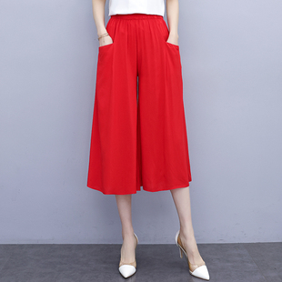 纯棉绸裤 子中老年妈妈阔腿裤 大码 七分裤 休闲裤 薄款 宽松裙裤 女夏季