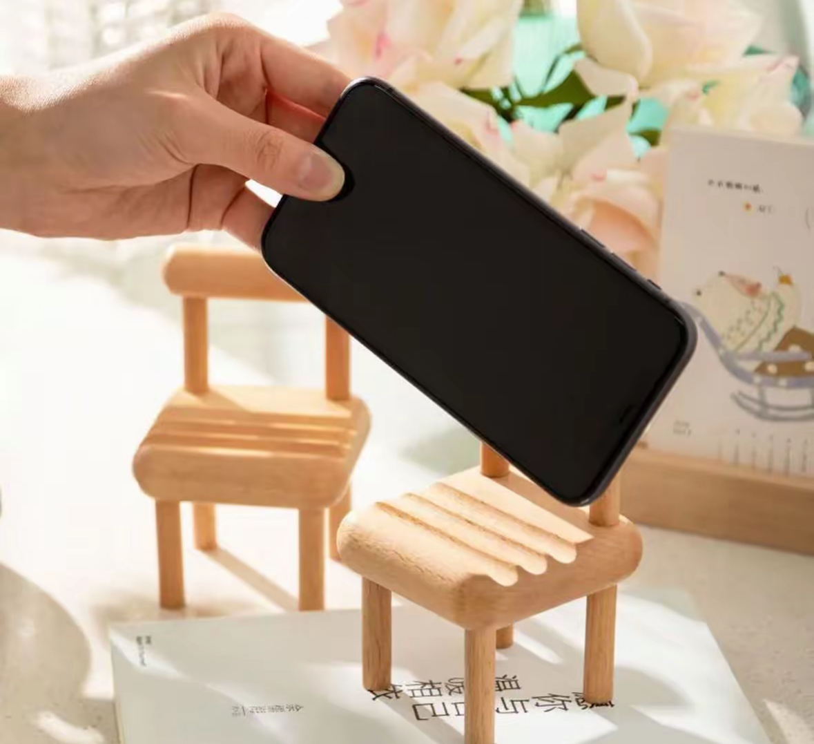手机支架实木桌面落地榉木迷你椅子小型创意摆件底座网红懒人实用