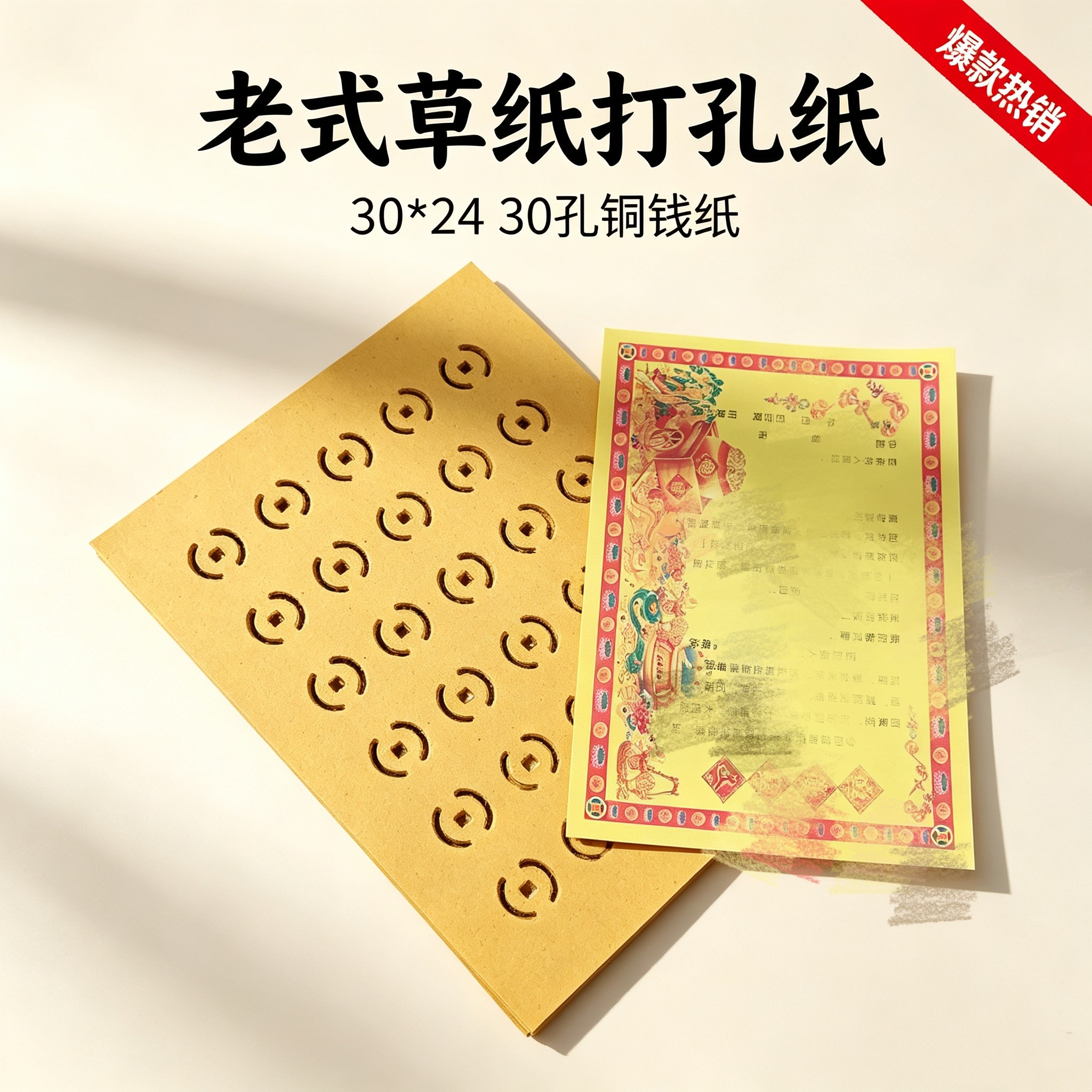 10斤大捆老式草纸打孔纸黄纸30孔黄色灰白色铜钱纸黄色烧纸送表文
