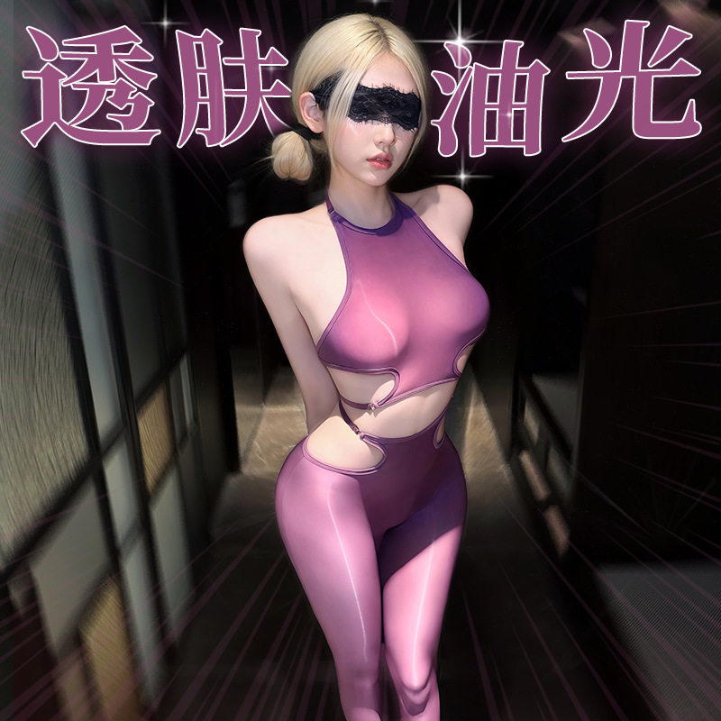 油亮超薄挂脖上衣连裤袜套装