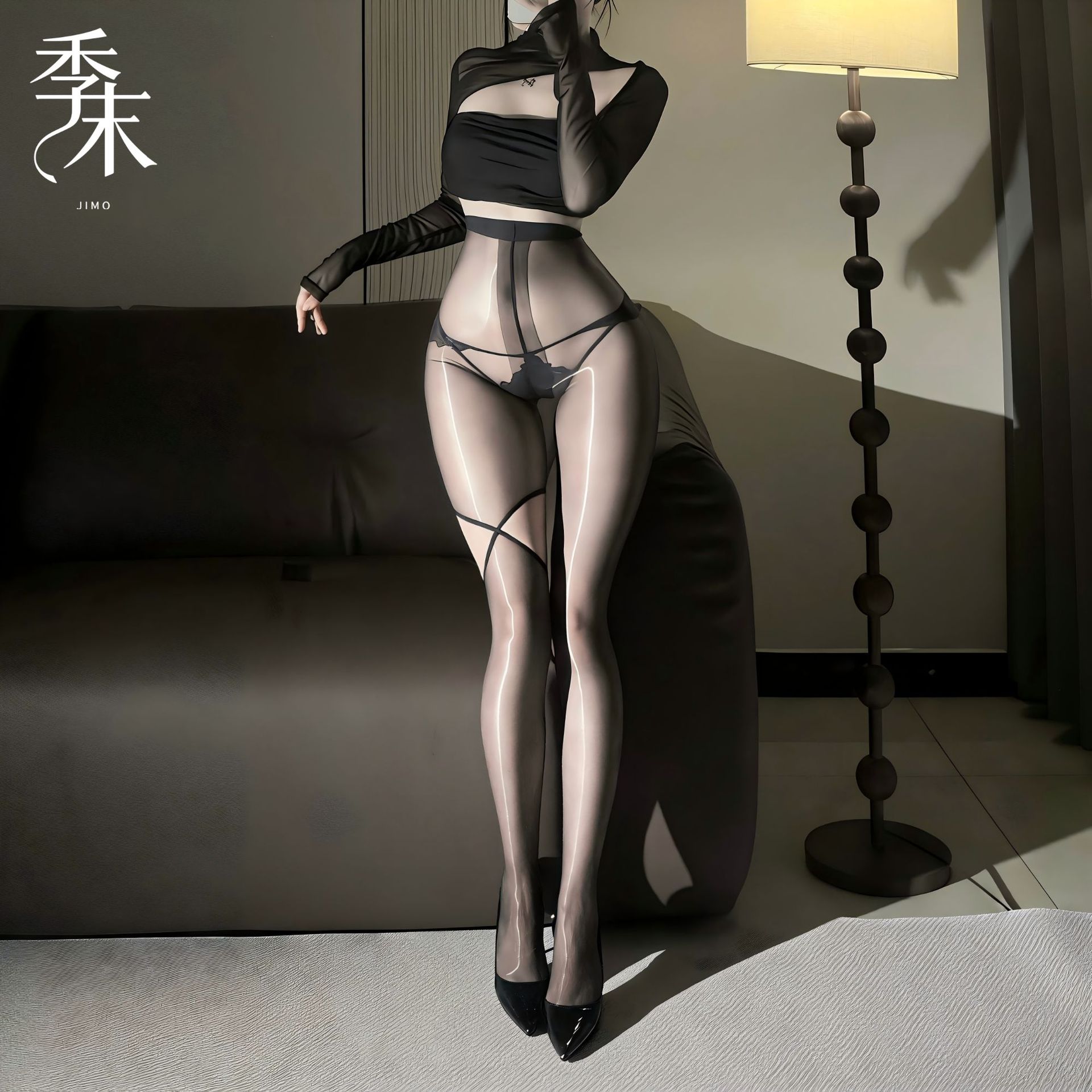不规则T档交叉超薄油亮连裤袜