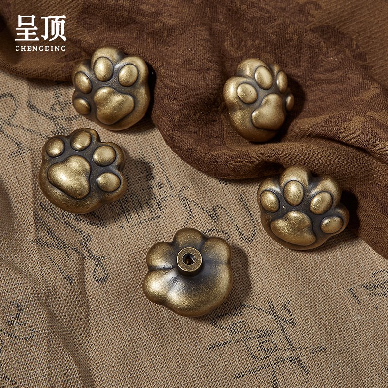 呈顶创意古铜色猫爪仿古黄铜柜门衣柜单孔把手儿童房抽屉复古拉手