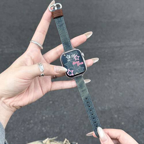 适用AppleWatchs11表带s10牛仔晕染iwatch987苹果手表复古皮腕带