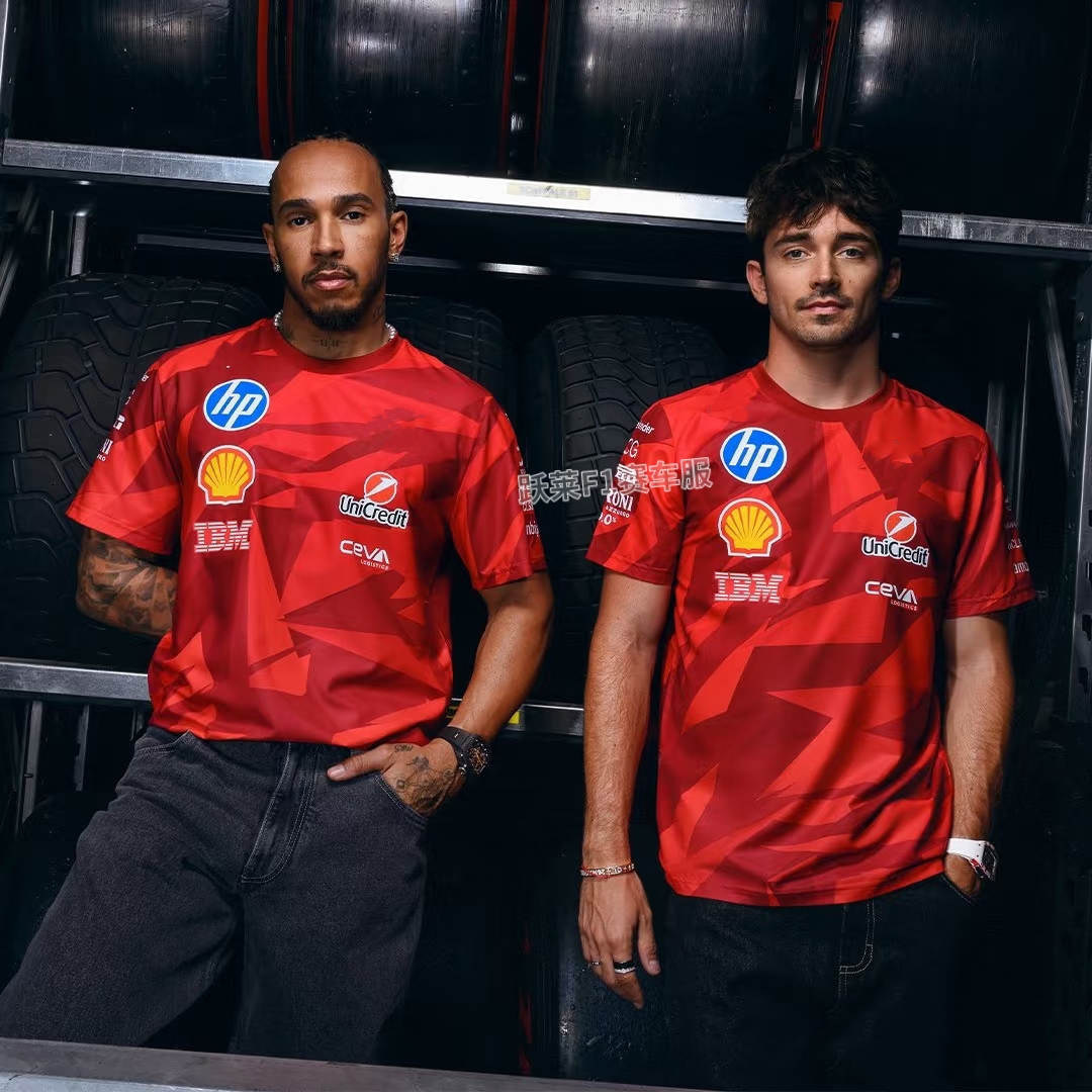 2025 F1赛车服风红色几何纹赛车服短袖 速干透气定制潮流运动上衣