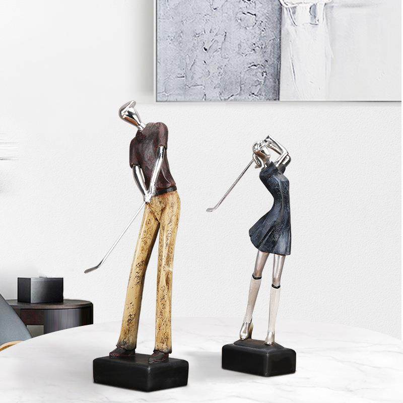 新中式高尔夫情侣人物摆件客厅桌面书房样板房玄关家居软装饰品