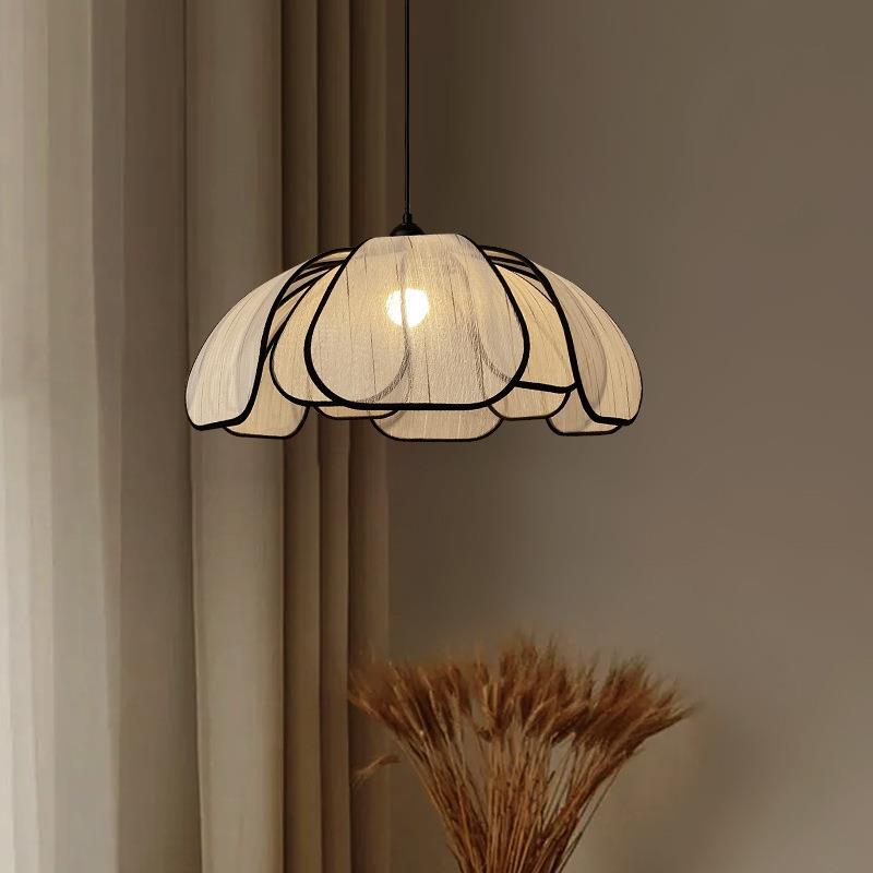 法式奶油风花瓣吊灯升降餐厅灯中古风复古胡桃木高级感餐桌饭厅灯