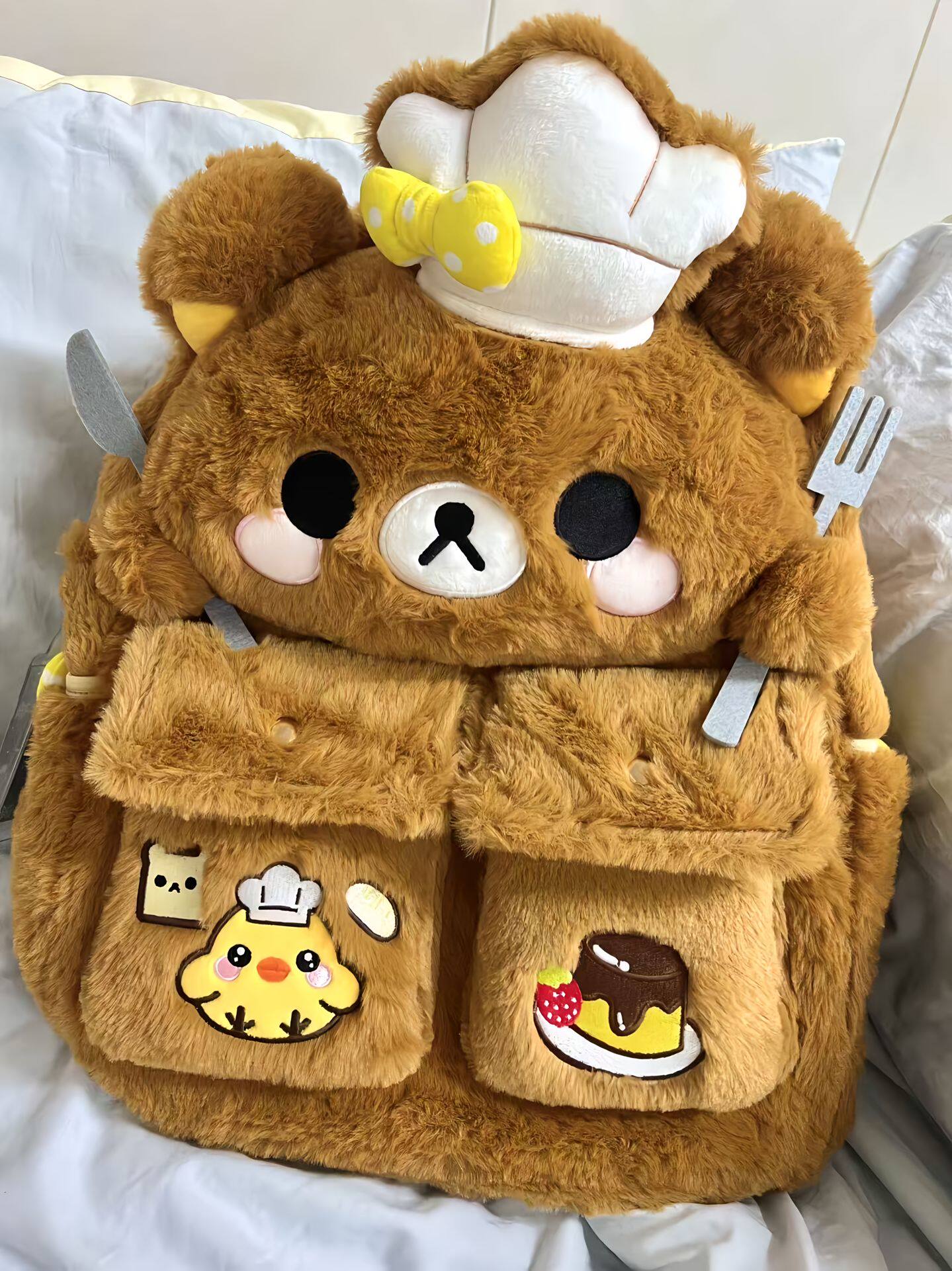 棕色毛绒双肩背包超萌熊可爱毛绒双肩包大容量毛绒书包可爱背包
