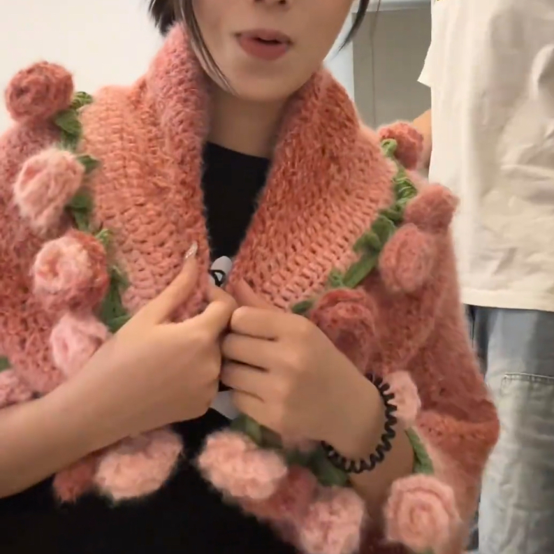花朵毛毯钩针编织毯子盖毯毛线团手工花束diy材料包礼物玫瑰花