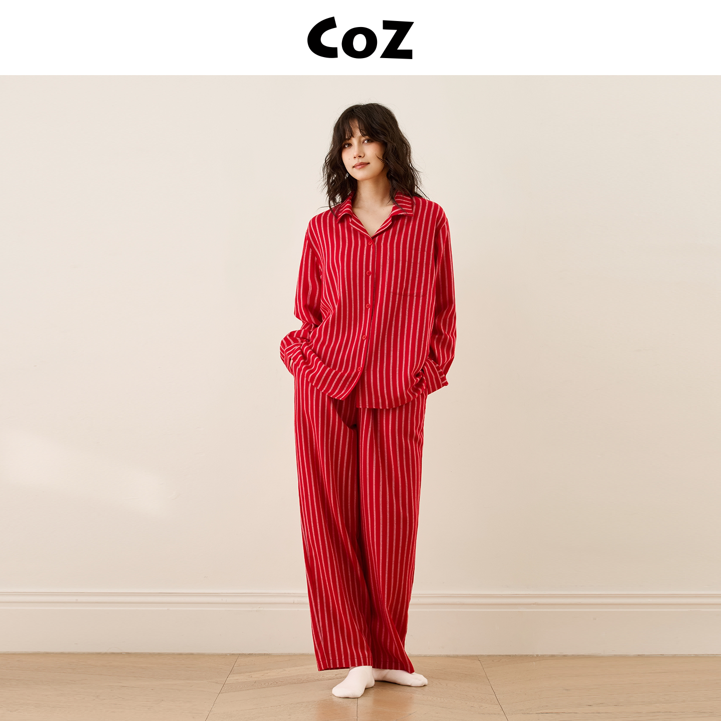 CoZ情侣睡衣红色条纹家居服2026春秋新款男女同款宽松两件套装
