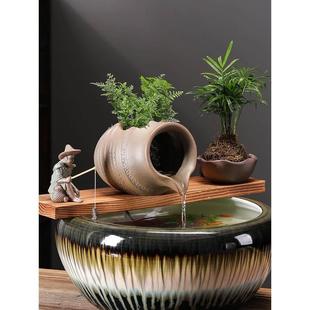 瓦罐流水鱼缸过滤罐生态古法养鱼开口陶瓷摆件循环过滤配件庭院花