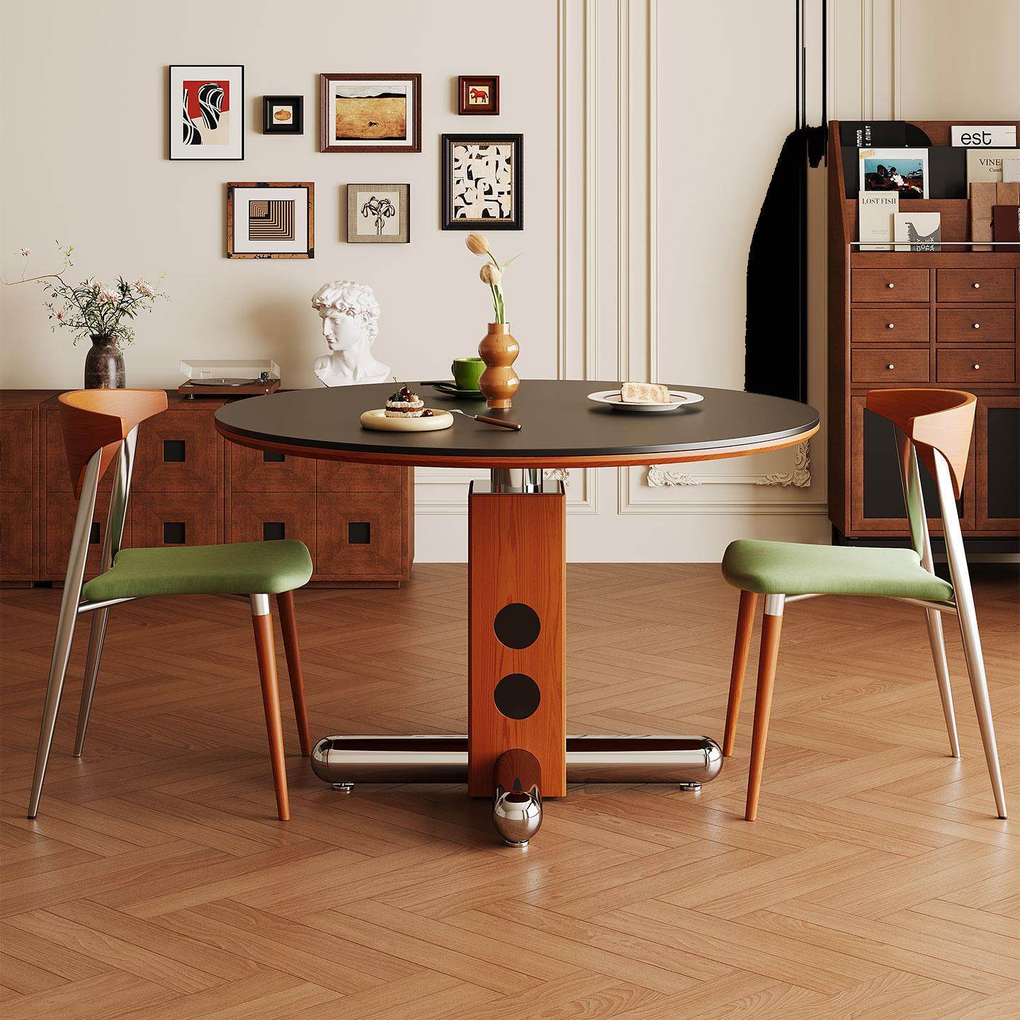 中古风岩板圆桌覆古金属腿圆形餐桌北欧包豪斯实木波尔卡岩板饭桌