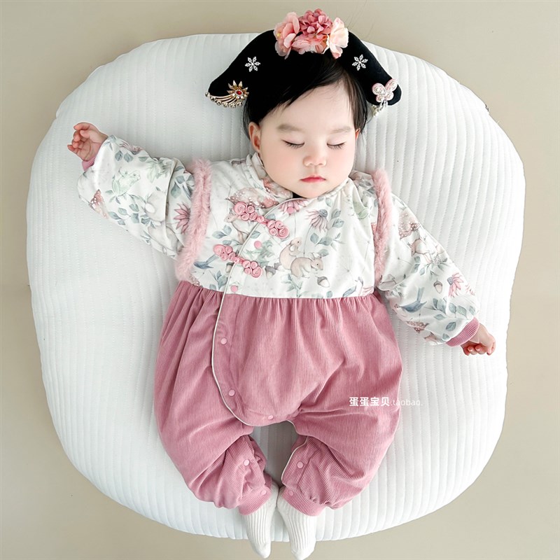 中式婴儿衣服女宝宝冬装旗袍秋冬季连体满月百天周岁礼服夹棉冬天