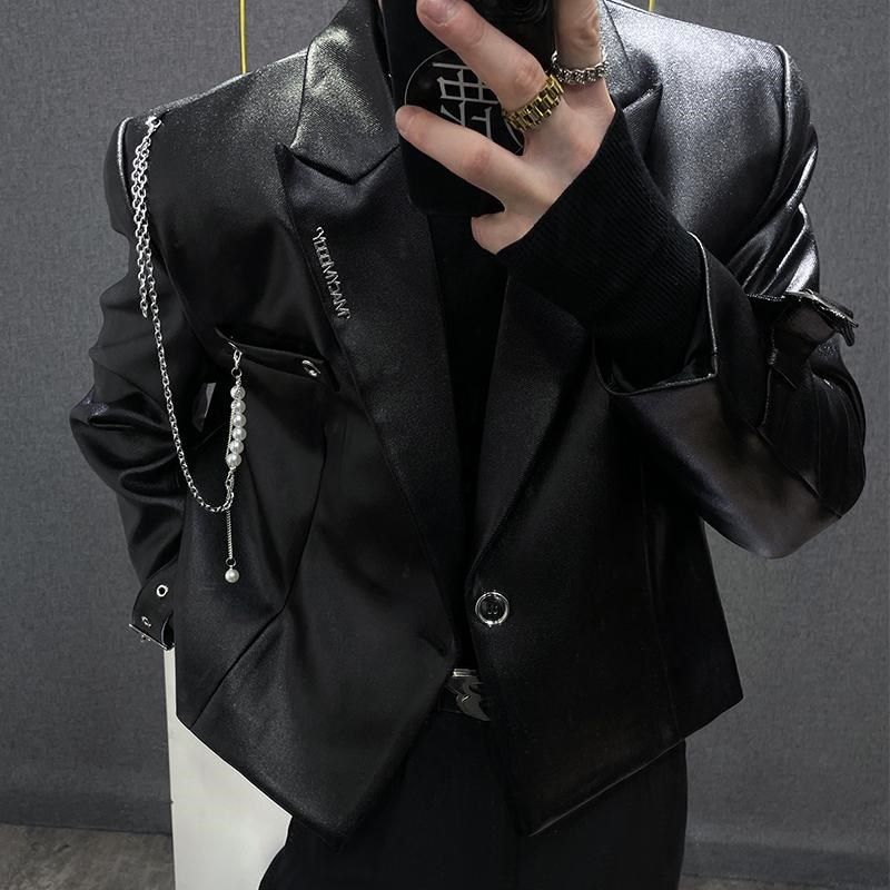 设计感链条装饰小众短款西装外套宽松简约垫肩黑色秋季新款上衣男,男装,皮衣,淘宝优惠券,粉丝福利购,淘宝优惠卷