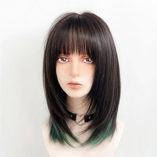 绿色挑染高层次假发狼尾鲻鱼头全头套女日常中长锁骨发二次元少年