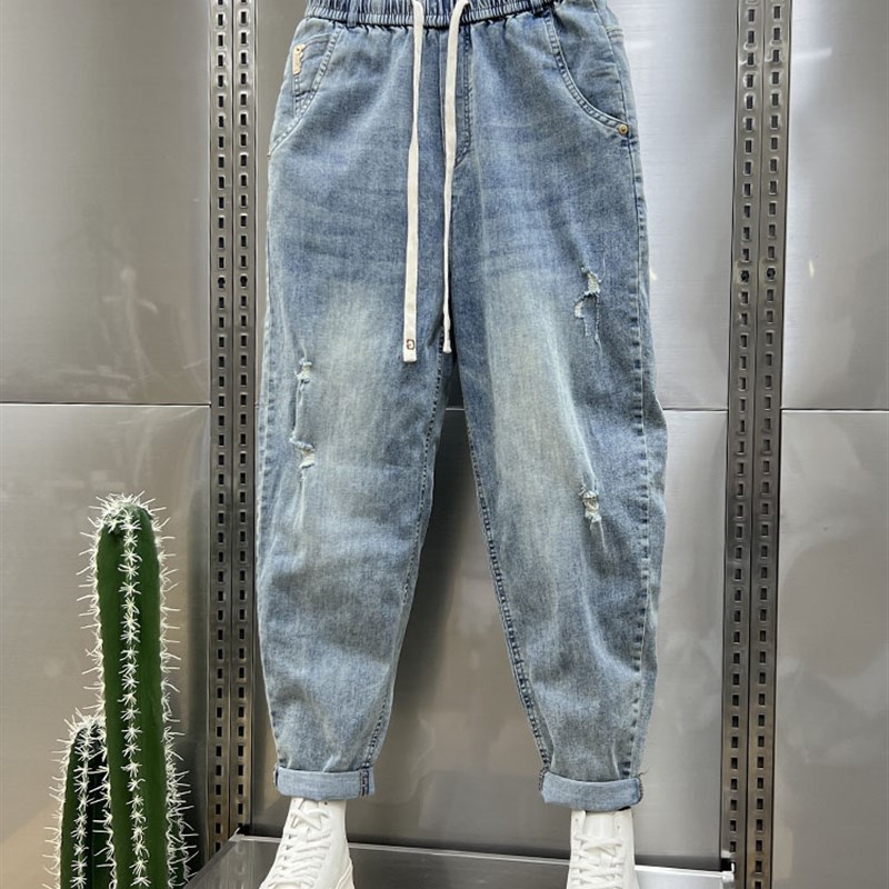 水洗磨白夏季宽松直筒牛仔裤男复古薄款休闲九分裤破洞抽绳老爹裤