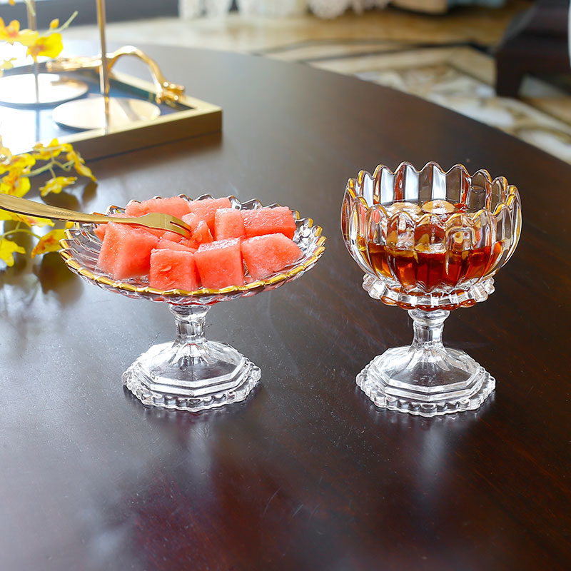 金边玻璃高脚水果盘小精致糖果盘子酒店零食盘美容院小吃碟甜品碗