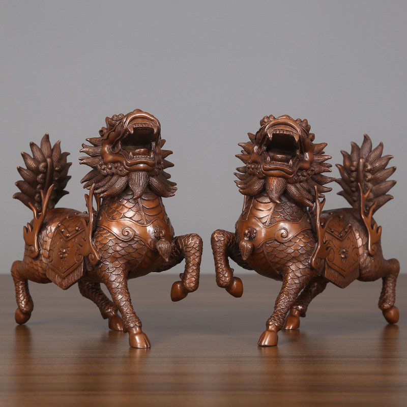 紫铜麒麟摆件一对纯铜火麒麟客厅玄关办公桌工艺品家居装饰品开业