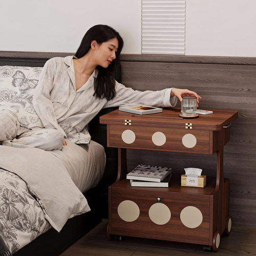 威展实木悬浮床头柜复古风卧室家用小户型储物柜床边柜收纳柜子