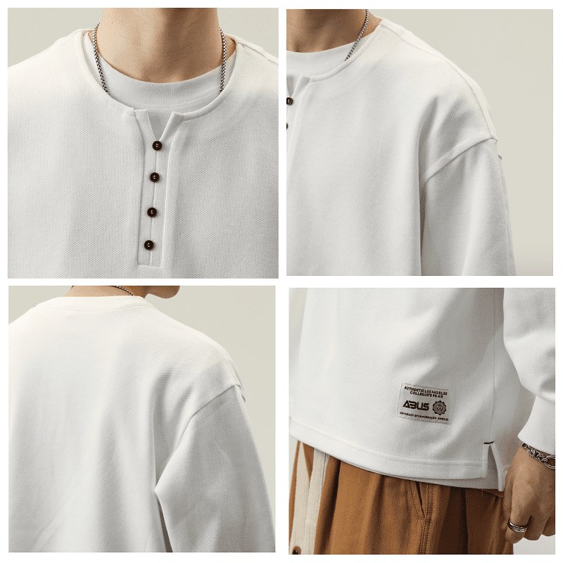 男士白色长袖t恤亨利衫美式卫衣男春季新款上衣打底衫内搭套头衫