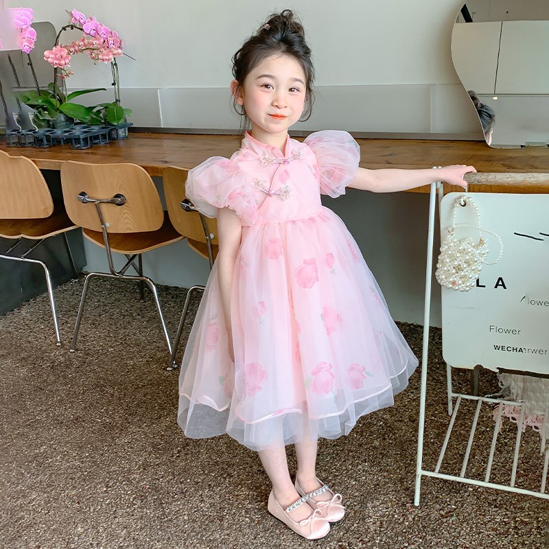 儿童旗袍纱裙洋气2024新款小童公主裙短袖夏装女童连衣裙甜美夏款