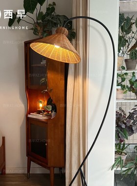 藤编落地灯法式中古奶油风高级感客厅沙发氛围灯侘寂风复古钓鱼灯