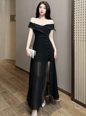 宴会礼服裙女夏季新款气质性感露肩一字领雪纺拼接长裙白色连衣裙