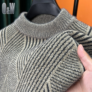 不起球雪尼尔毛衣男半高领冬季加绒加厚中年爸爸装针织衫中领打底