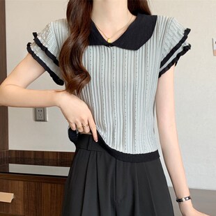 夏季 法式 女胖MM大码 针织衫 宽松显瘦套头打底上衣潮 气质波浪边短袖