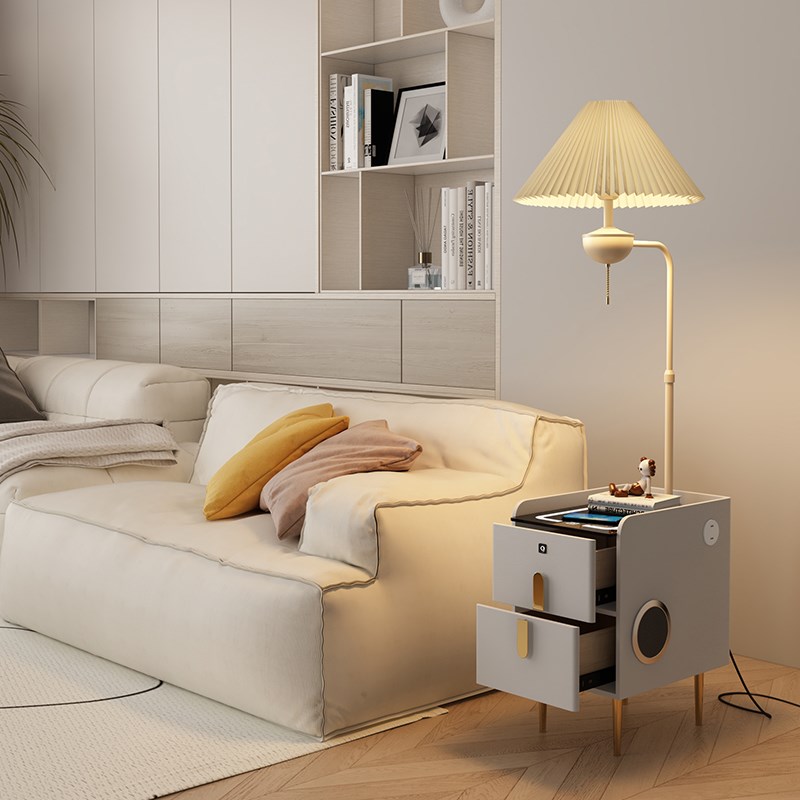 卧室落地灯客厅沙发边几光奶油风氛围感复古置物架床头柜一体台灯