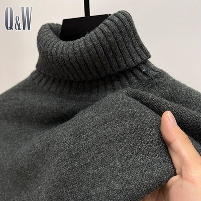 一体绒高领毛衣男款冬季加绒加厚针织打底衫男士两翻领宽松保暖潮
