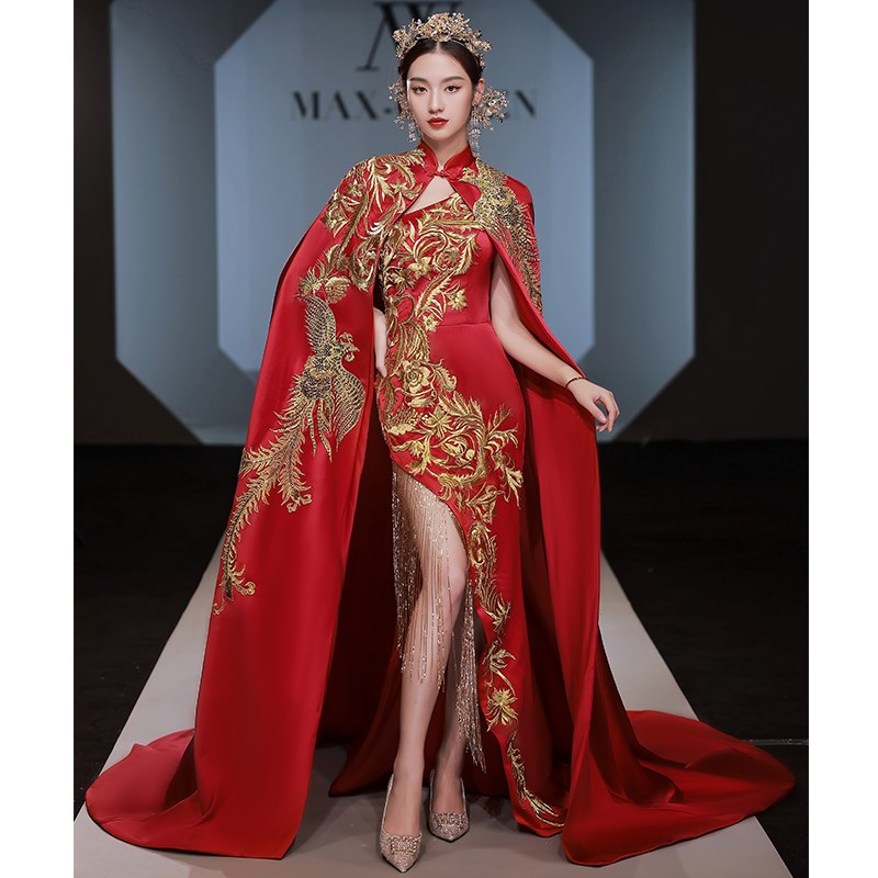 国潮中国风旗袍2025年新款高端大气模特走秀艺考舞台演出礼服女红
