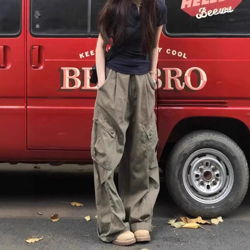 工装阔腿牛仔裤女2026春季酷飒风多口袋设计工装裤高腰显瘦阔腿裤