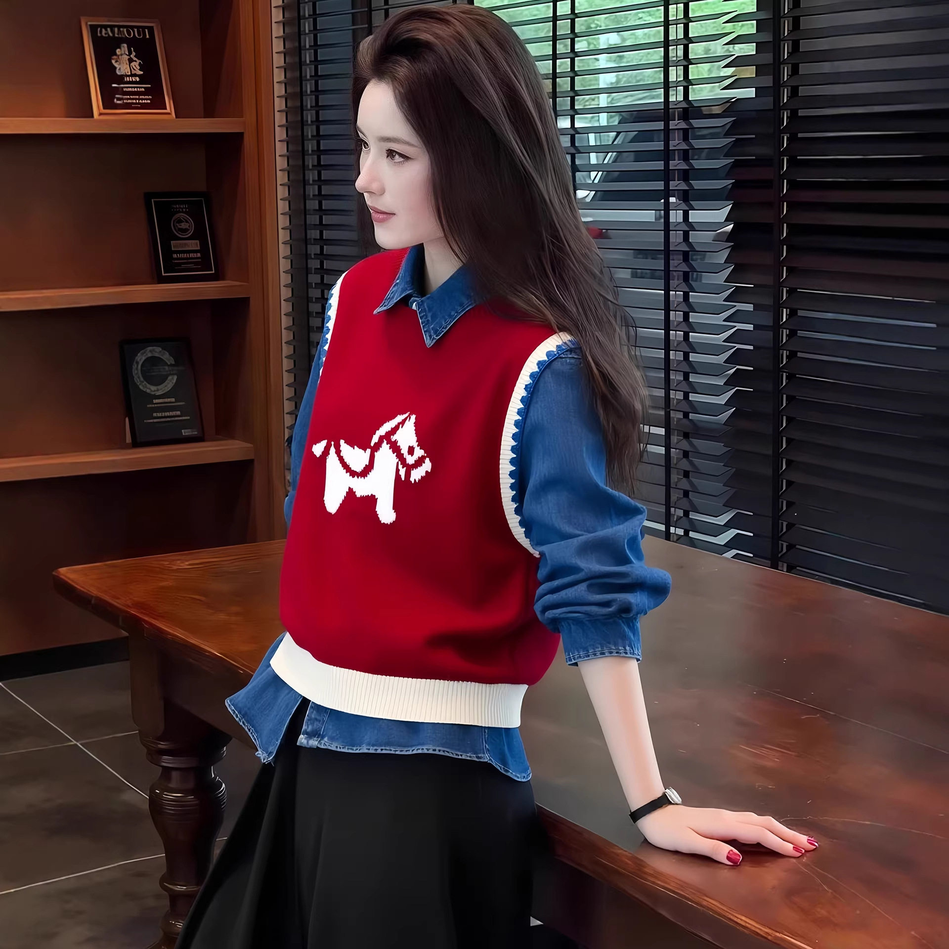 红色马年提花外搭叠穿针织马甲背心女2026秋季圣诞穿搭绝美上衣