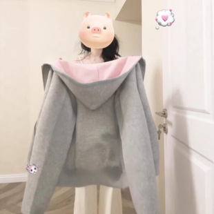 宽松上衣开衫女款2026新款春季连帽卫衣韩系巨好看的灰色撞色外套