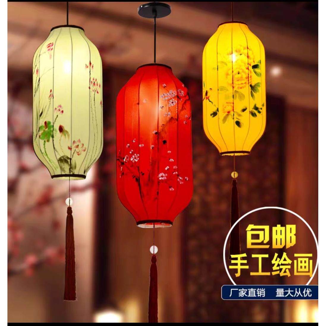 中式布艺手绘灯笼仿古典宫灯中国风餐厅茶楼过道冬瓜长形吊灯具