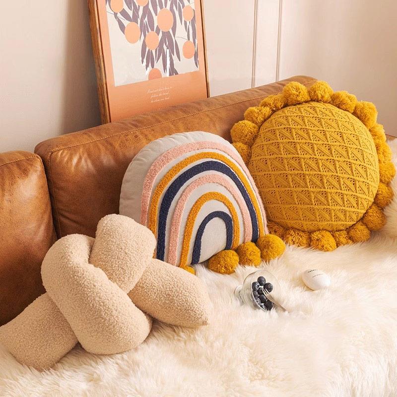 北欧沙发抱枕异形扭扭条靠卧室彩虹簇绒靠垫床头腰枕抱枕蒲团靠垫