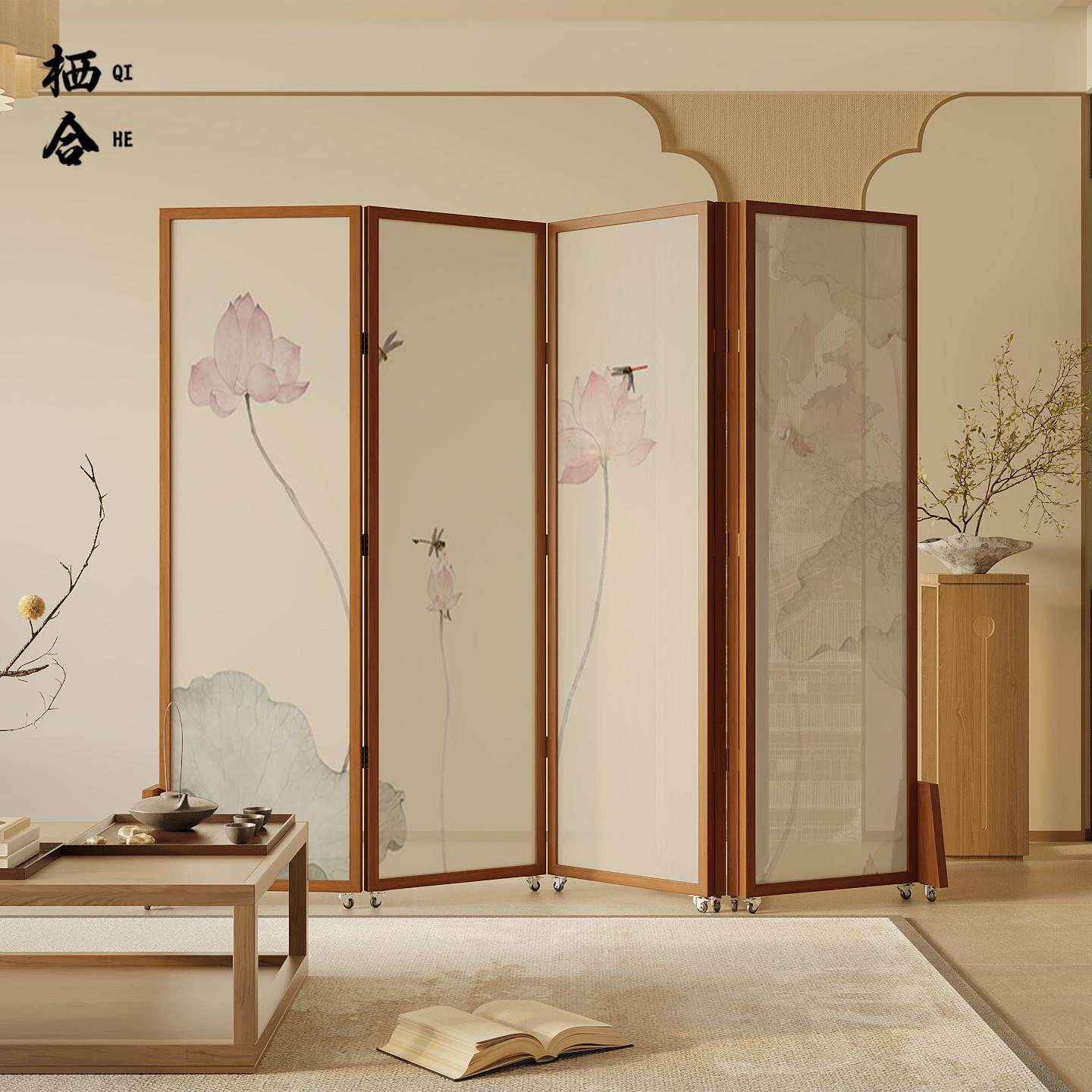 新中式带滑轮推拉式屏风实木隔断客厅简约现代折叠荷花可移动折屏